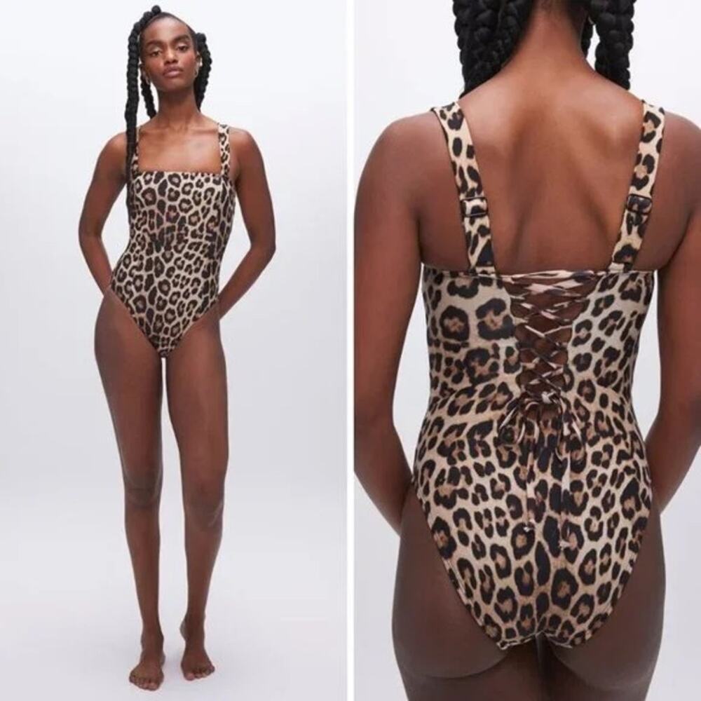Good American Contour Leopard Animal Print One-Piece Lace Up Swimsuit Size S